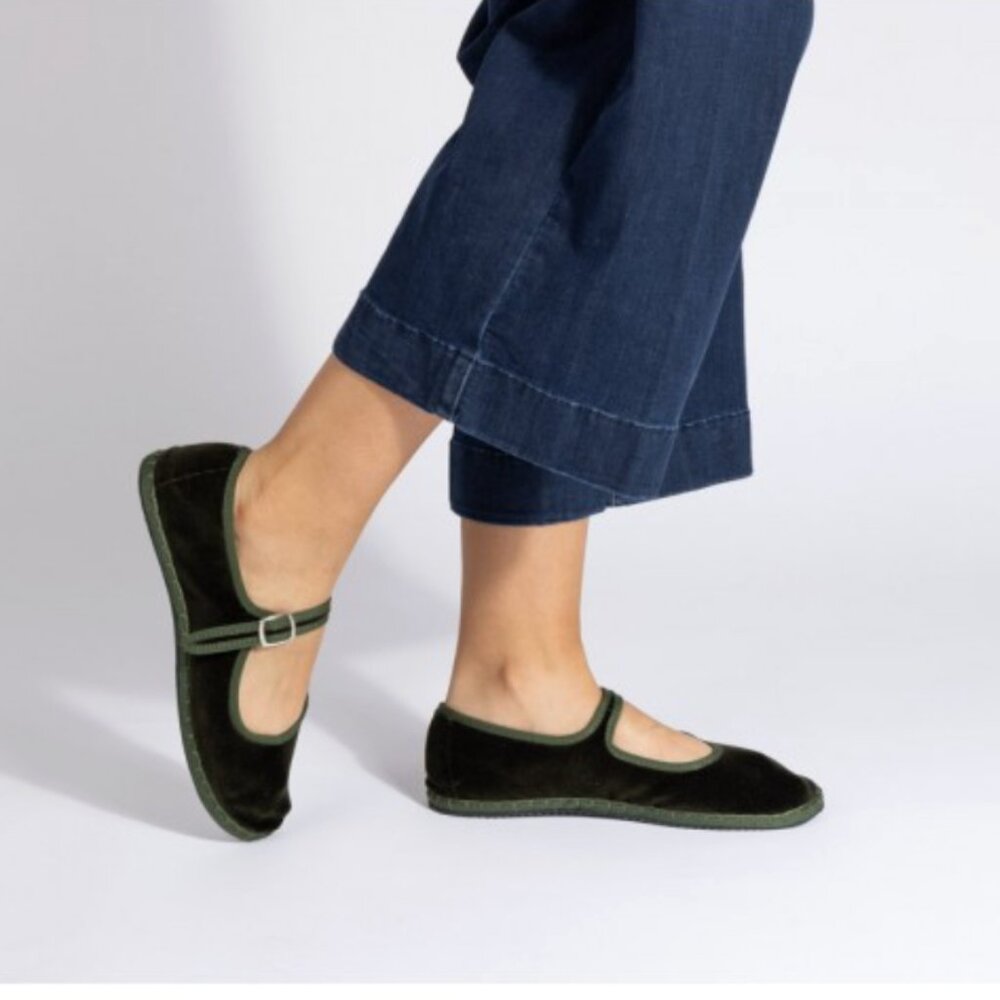Drogheria Crivellini MaryJane Velvet Ballet Flats Shoes Olive Green
